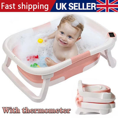 Baby Bath Tub Toddler Bathtub with Thermometer Portable Collapsible Baby Shower~